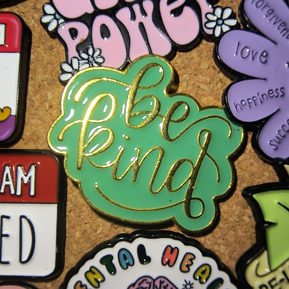 Be Kind Green Enamel Pin with Gold Script